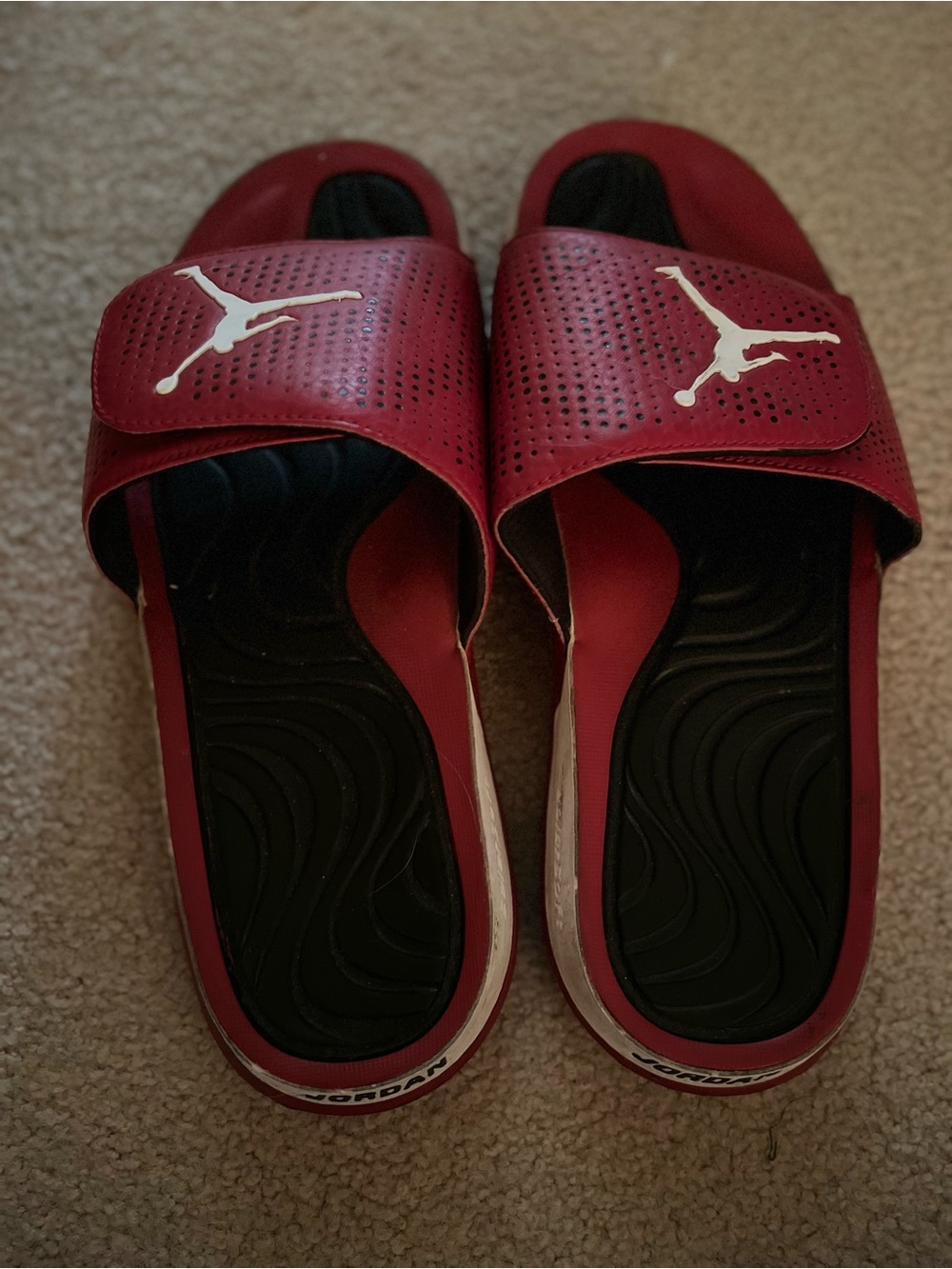 Jordan Men’s Red and Black Slide Sandals with White Jumpman
